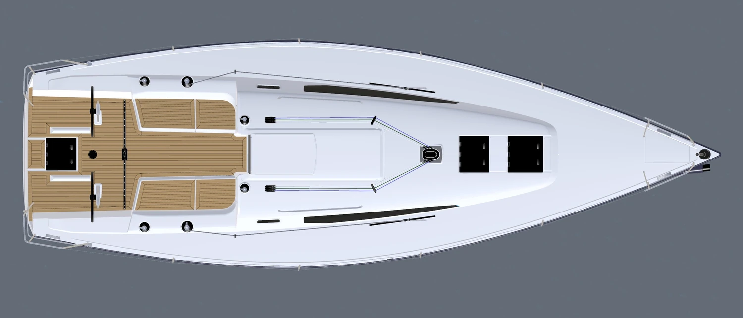 Technische Draufsicht der J/36 mit Cockpit, Deckslayout und Vorschiff
