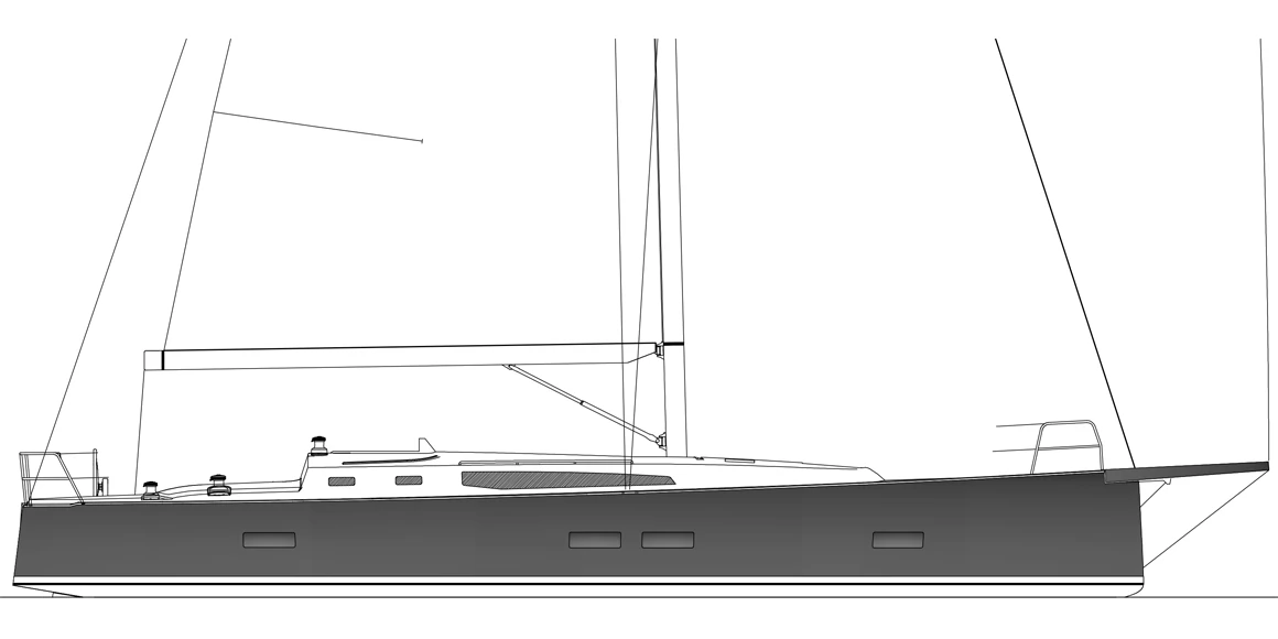 Technische Seitenansicht der J/45 mit Rumpf, Rigg und Decksaufbau