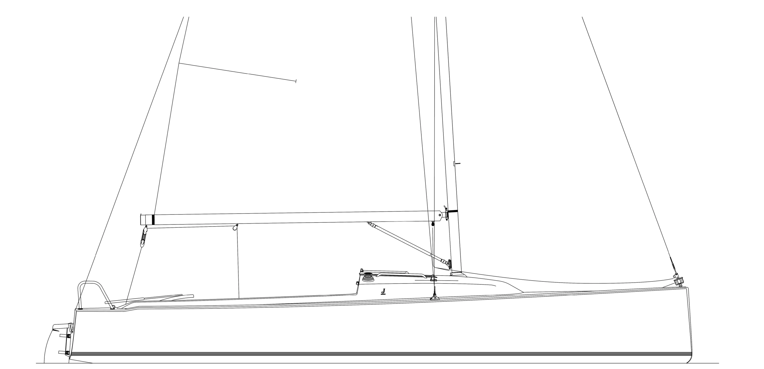 Technische Seitenansicht der J/7 mit Rumpf, Deck, Mast und Segelplan