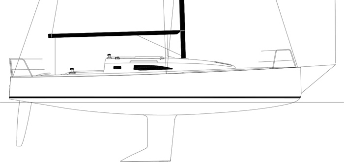 Technische Seitenansicht der J/99 mit Rumpf, Kiel, Rigg und Decksaufbau